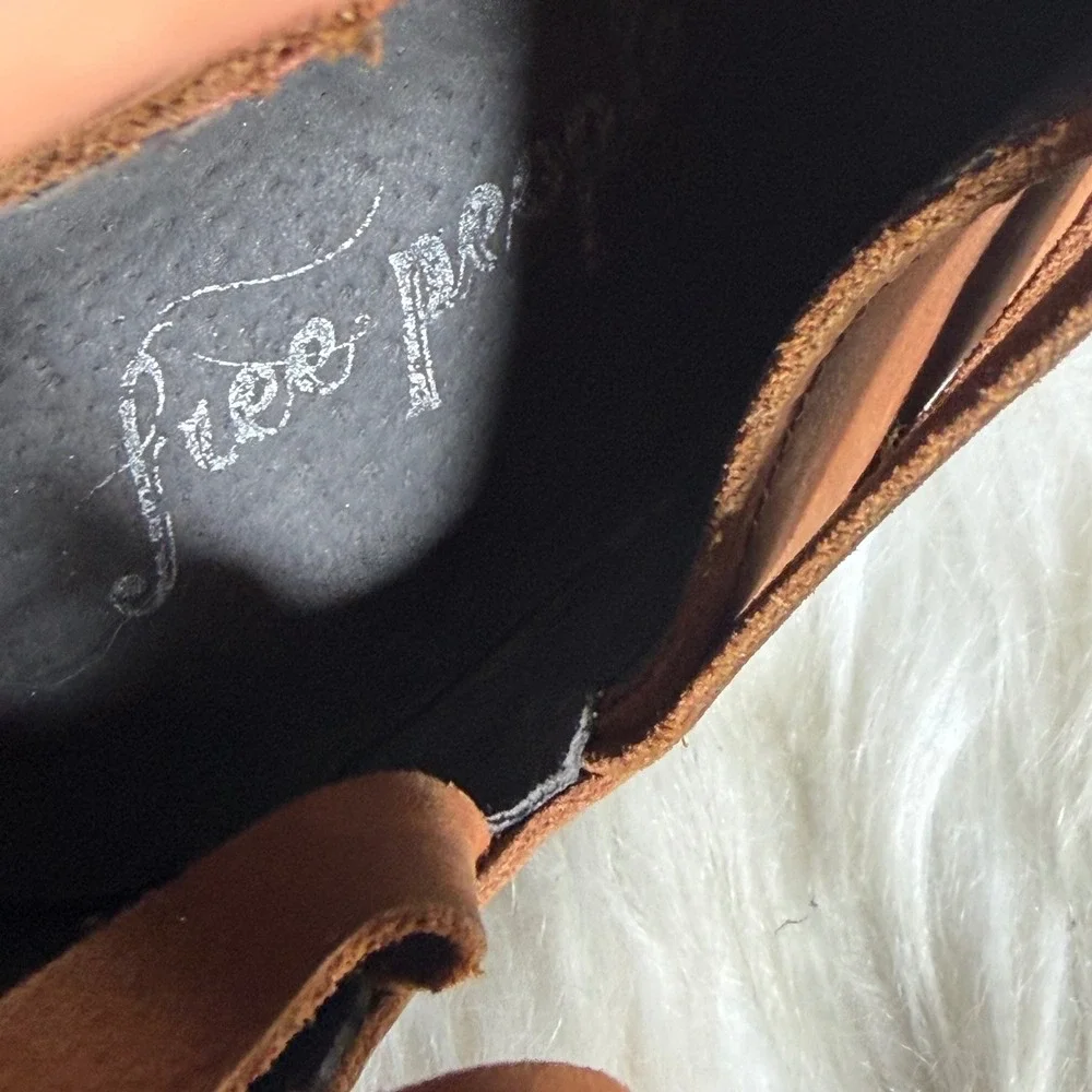 Free People Joe Tan Leather Strappy Block Heel Ankle Boots Brown Boho Zip Back
